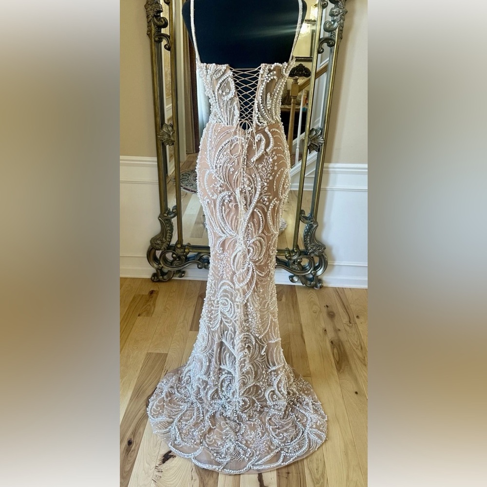 Crystal Beaded Engagement Bridal Sweetheart Neckline Custom Gown Beige Size 4 - Picture 11 of 16